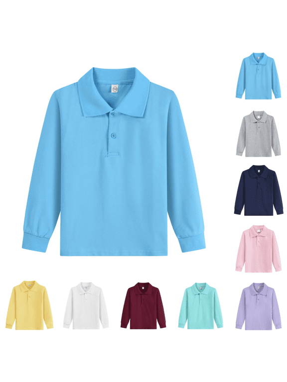 Kids Polo Shirt Stylish Casual Long Sleeve Lapel Golf Tshirts Back To School Lightweight Quick Dry School Uniform T-Shirts Blue 4-5 Years