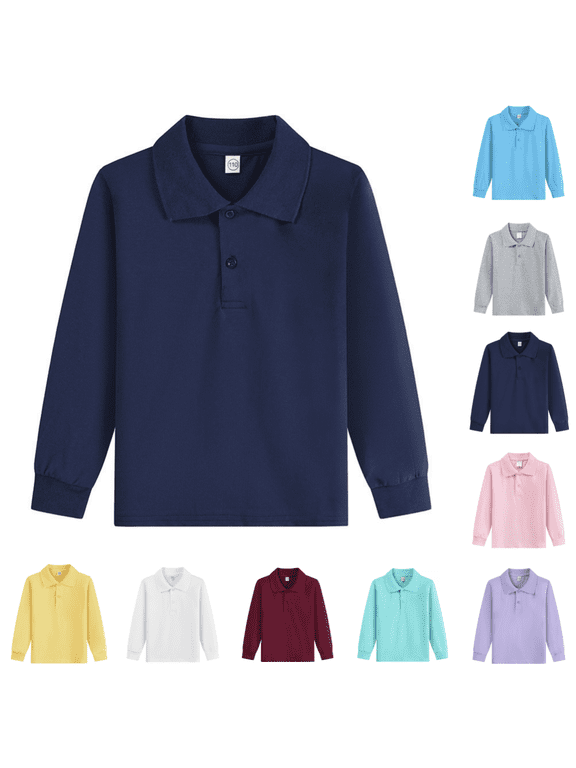Kids Polo Shirt Trendy Casual Long Sleeve Collared Golf Tshirts Back To School Lightweight Quick Dry School Uniform Tees Navy 11-12 Years