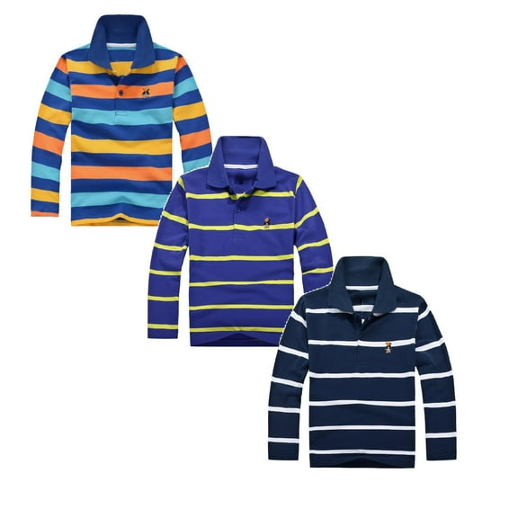 Aihuaihua Kids Polo Shirts Boys 11-12 Years Long Sleeve Striped Shirt Button Closure School Uniform Tee Big Boys Cotton Breathable Fabric Polo Rugby Shirt Tops 3 Pieces