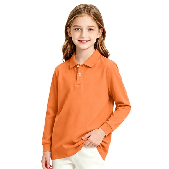 Kids Polo Shirts Boys Girls School Uniform Long Sleeve Shirt Cotton Collared Tops Soft Casual School Wear Basic Golf Shirt,8-9Y,Orange