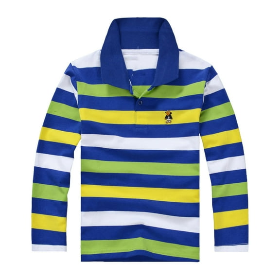 Kids Polo Shirts Boys Rainbow Striped Shirt Cotton Long Sleeve Casual Pullover Top Button Closure T-Shirts（6-7 Years）