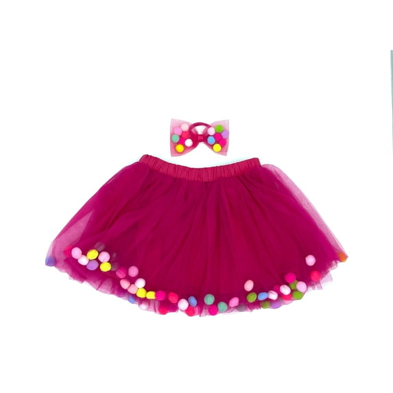 Kids Pom Pom Tutu and Bow Hair Tie | 2Pcs Set | Birthday Tutu For Girls