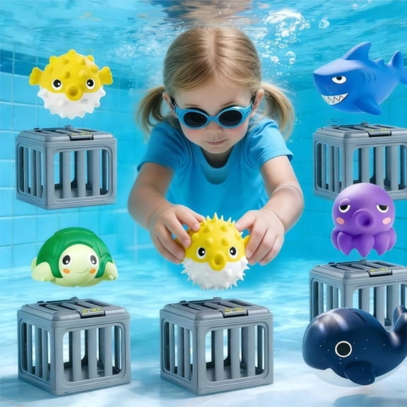 Kids Pool Diving Toys Water Swimming Dive Pool Game Toddler Bath Toy Play Set W/ Fish Box Floating Animals Fun Outdoor Beach Lake Swim Summer Party Gift 3 4 5 6 7 8 10 12 Year Old Boy Girl(A Set)