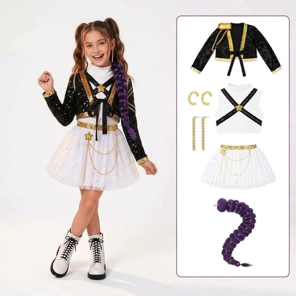 Kids Pop Singer Stage Performance Costume, Pop Idol Group Cosplay Costume with Jacket, Skirt, Wig & Accessories Set for Halloween Outfit, Ages 4-14