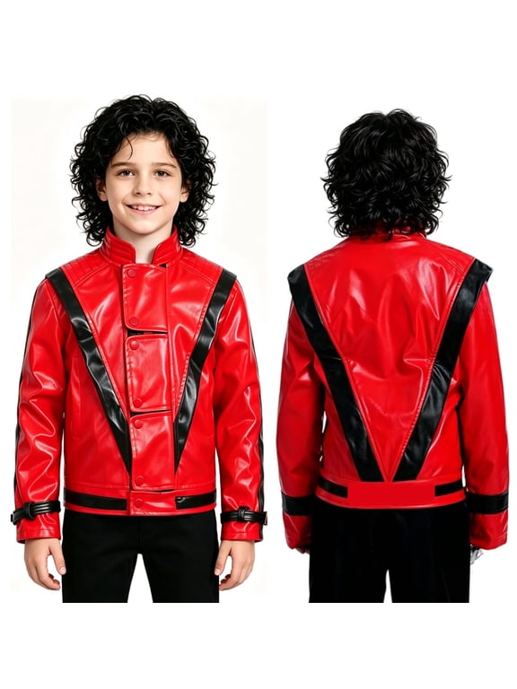 Kids Pop Star Red Faux Leather Jacket, Boys Retro Black V-Stripe Zip Coat Outerwear, Halloween Stage Performance Costume Gifts for Boys