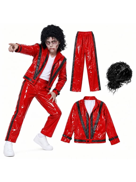 Red Leather Jacket Pop Star Costume for Kids,80s Disco Outfits for Boys,Retro Rockstar Costume Boys with Mike,80s Party Wear,Halloween Costumes for Kids (RED,10-12 Years)