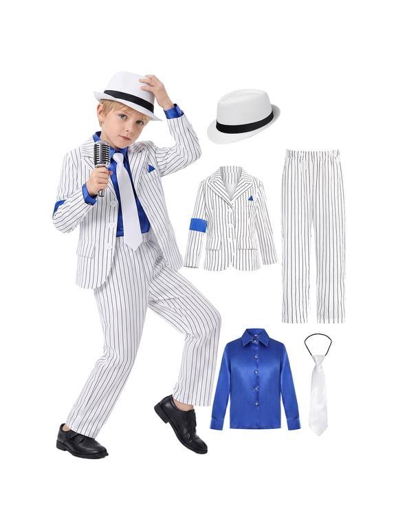 Kids Pop Star White Pinstripe Suit Set, Boys Blazer Blue Shirt Pants Fedora Hat Tie Costume, Halloween Stage Performance Gifts for Boys