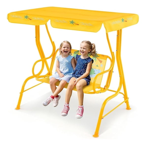 Kids Porch , All-Weather Patio Hammock w/Adjustable Canopy & Safety Belts for 2 Children, Outdoor for Backyard Garden Balcony Poolside (Yellow, Alligator)