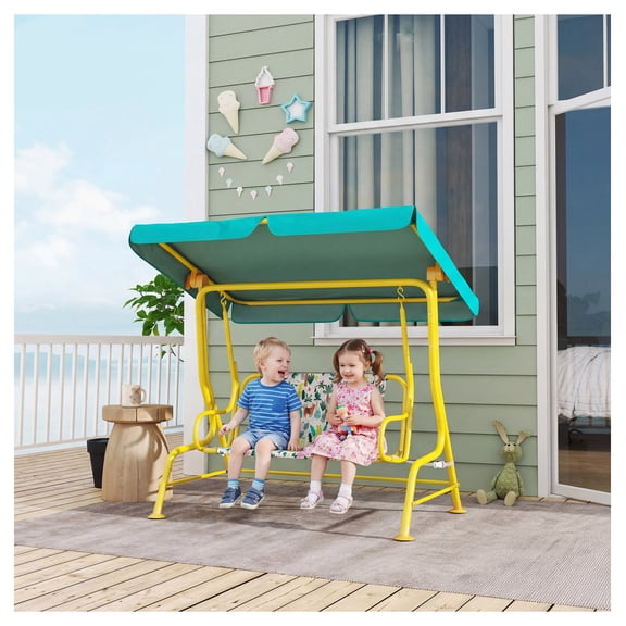 Kids Porch Swing 2-Seater, Patio Swing Bench with Canopy, Adjustable Outdoor Swing Set for Backyard Garden, Green