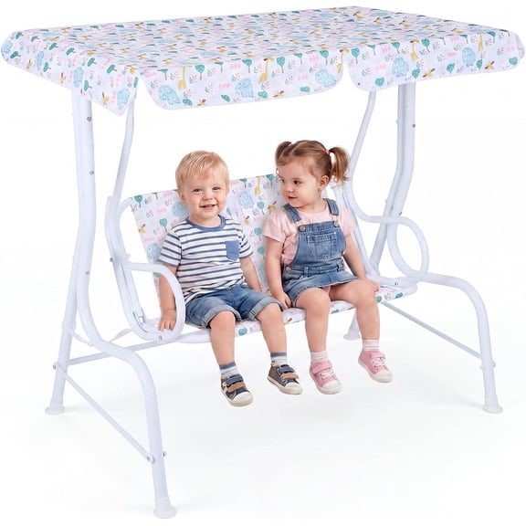 Kids Porch Swing with Adjustable Canopy & Safety Belts for 2 Children, All-Weather Outdoor Patio Swing for Backyard, Garden, Balcony, or Poolside (White)