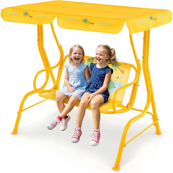 Kids Porch Swing with Adjustable Canopy and Safety Belts for 2 Children, All-Weather Outdoor Patio Swing for Backyard, Garden, Balcony, or Poolside (Yellow)