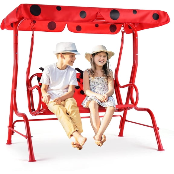 Kids Porch Swing Bench Hammock with Adjustable Canopy and Safety Belts for 2 Children Outdoor Swing for Backyard Garden Balcony Poolside Red Ladybug Pattern