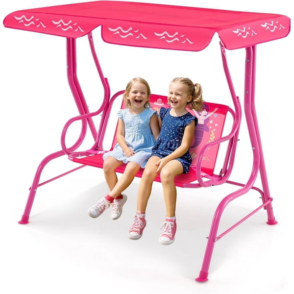 Kids Porch Swing with Adjustable Canopy and Safety Belts for 2 Children, All-Weather Outdoor Patio Swing for Backyard, Garden, Balcony, or Poolside