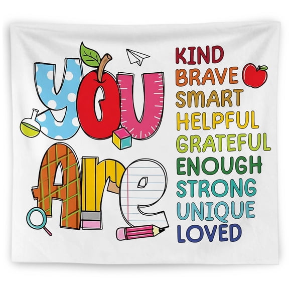 Kids Positive Affirmation Wall Tapestry, Inspirational Kind Brave Smart Quote Wall Hanging Decor for Nursery, Bedroom, Classroom, 50 x 60 Inch Fabric Wall Blanket