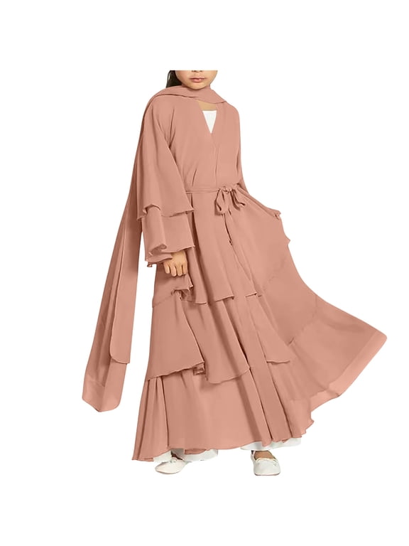 Kids Prayer Dress Muslim Clothes for Girls Chiffon Long Sleeve Abaya with Hijab Two Piece Maxi Islamic Set Scarf Kaftan Jilbab Khaki 5-6 Years