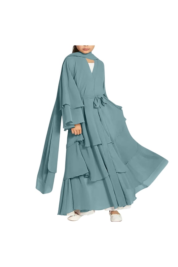 Kids Prayer Dress Muslim Clothes for Girls Chiffon Long Sleeve Abaya with Hijab Two Piece Maxi Islamic Set Scarf Kaftan Jilbab Light Blue 5-6 Years