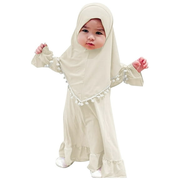 Kids Prayer Dress Muslim Clothes for Girls Long Sleeve Abaya with Hijab Two Piece Maxi Islamic Clothing Set Scarf