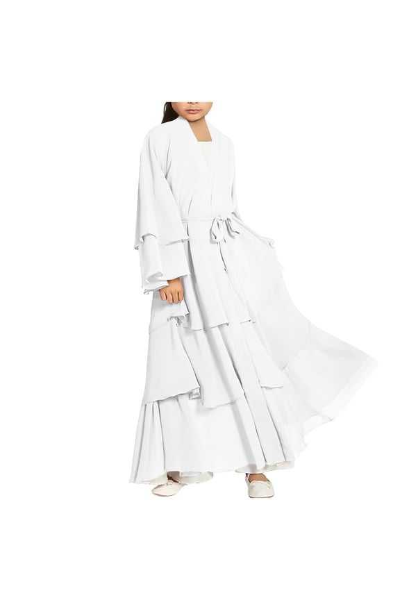 Kids Prayer Dress Muslim Clothes for Girls Ruffle Long Sleeve Abaya with Hijab 2 Piece Maxi Islamic Set Scarf Kaftan Jilbab White 5-6 Years