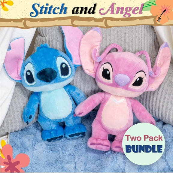 Kids Preferred Disney Stitch and Angel 2-Pack bundle, 15 Inch each Stuffed Animals and Plush Toys, Blue and Pink
