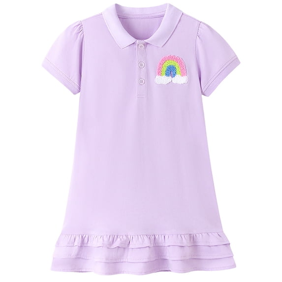 Kids Preppy Girls Summer Dress Solid Color Short Sleeve Casual Peter Pan Collar Soft Party Dress for Children Light Purple 3 Years-4 Years