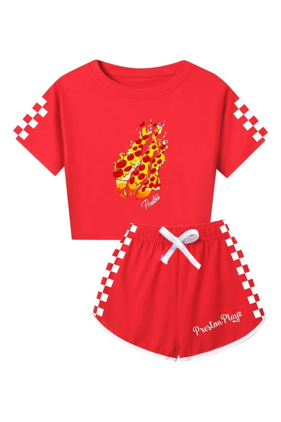Kids PrestonPlayz Flame Outfit – Girls Summer 2pc Set with Crop Top and Checkerboard Shorts YouTuber Inspired Clothes