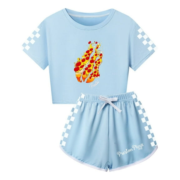 Kids PrestonPlayz Flame Outfit – Girls Summer 2pc Set with Crop Top and Checkerboard Shorts YouTuber Inspired Clothes