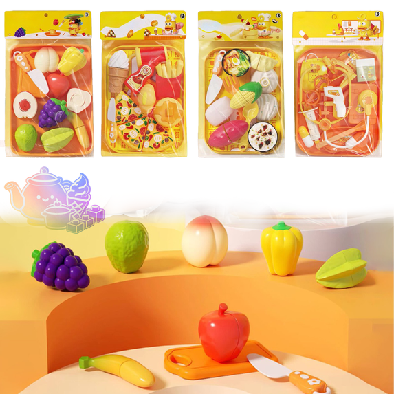 Kids Pretend Food Cutting Playset, 4 Styles Simulation Pizza Fruit Fast Food Medical Kits, Pretend Play Toy, Kitchen & Doctor Role Play Gift for Boys and Girls Ages 3 and Up
