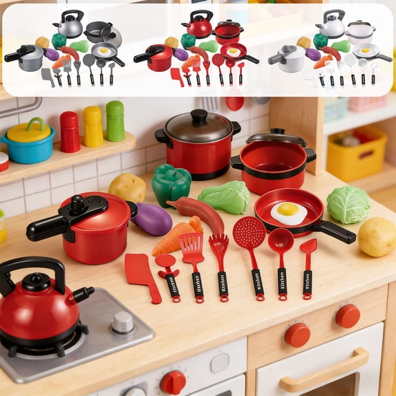 Kids Pretend Kitchen Cookware Toy Set, Pressure Cooker Kettle Pots Pans with Utensils Simulation Vegetables Play Food, Chef Cooking Role Play Toys for Toddlers Boys Girls Birthday Holiday Gifts