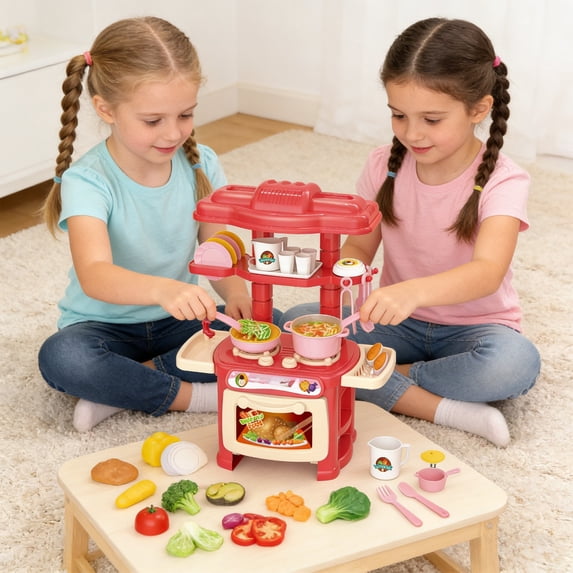 Kids Pretend Kitchen Playsets, Mini Play Kitchens with Stove Oven Sink Cookware Utensils Play Food Accessories, Simulation Chef Cooking Role Play Toys for Toddlers Girls Boys Birthday Gifts