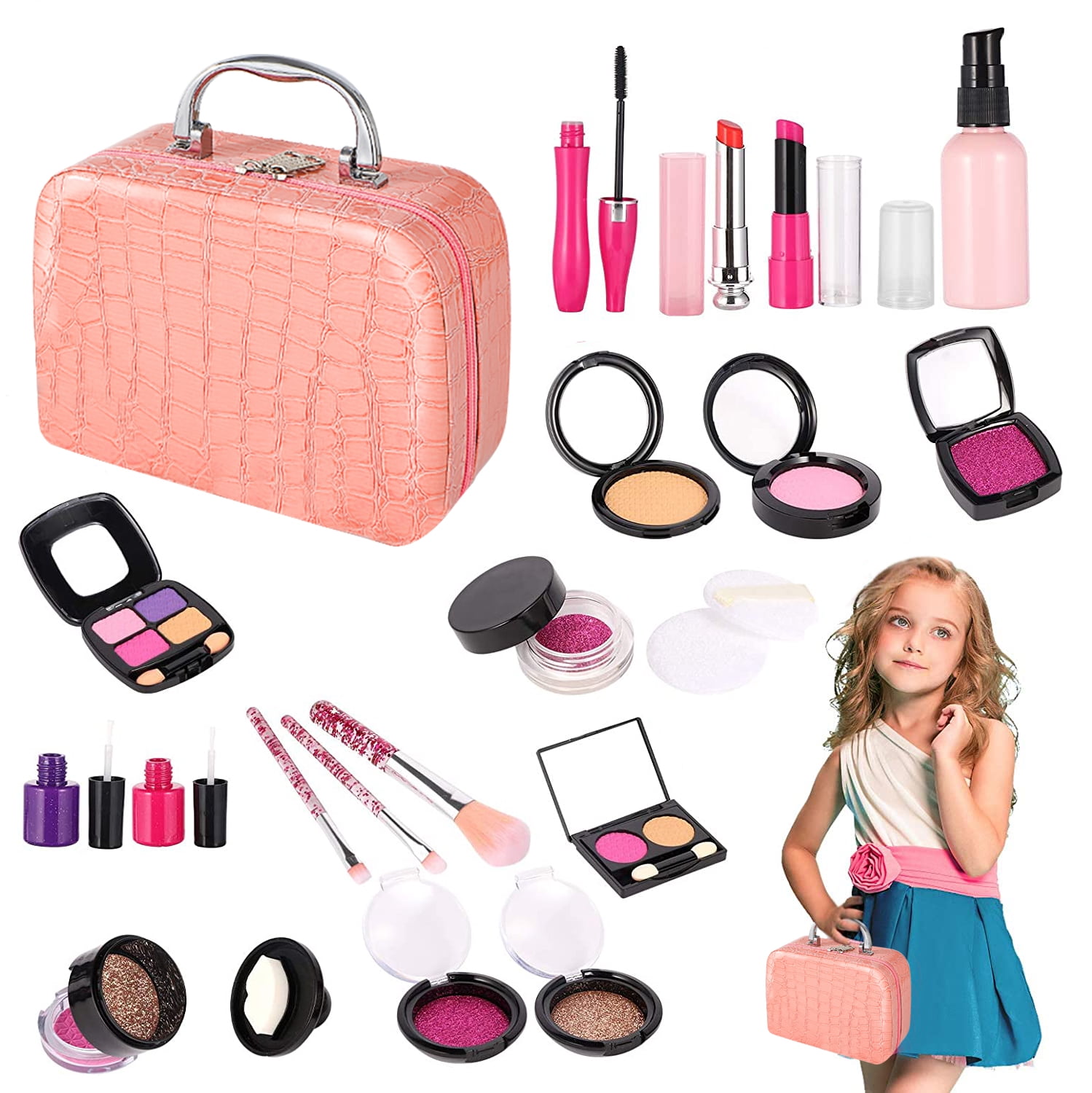 Kids Pretend Makeup Kit with Cosmetic Bag for Girls 3-10 Year Old -  Including Pink Brushes,Eye Shadows, Lipstick,Mascare,Gittler Pot, Liquid