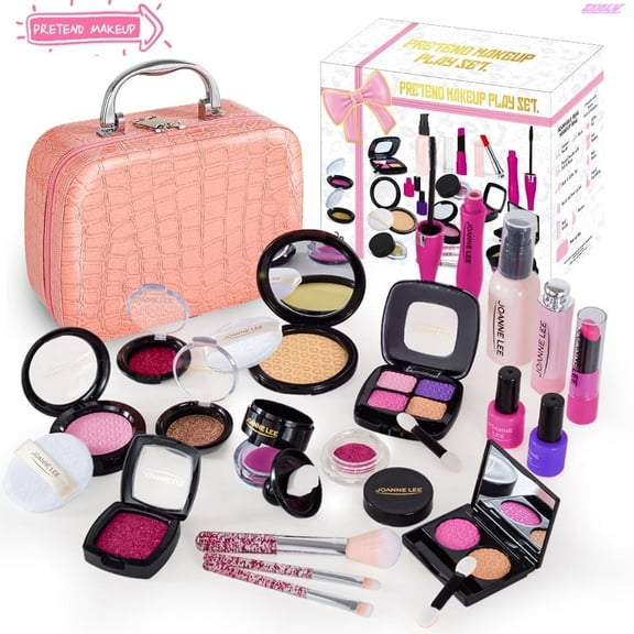 GLUAAE Kids Pretend Makeup Kit with Cosmetic Bag for Girls 4-10 Year Old - Including Brushes, Eye Shadows, Lipstick, Mascare, Gittler Pot, Liquid Foundation, Nail Polish and More (Not Real Makeup)