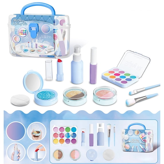 Kids Pretend Makeup Toy Set, Non-Toxic Fake Cosmetic Play Kit with Eyeshadow Blush Lipstick Brushes Storage Case, Simulation Beauty Styling Playset for Girls Birthday Party Dress Up Gifts