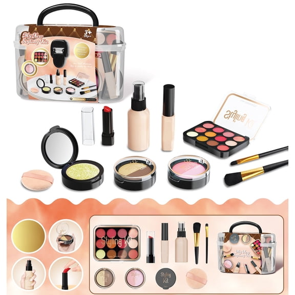 Kids Pretend Makeup Toy Set, Non-Toxic Fake Cosmetic Play Kit with Eyeshadow Blush Lipstick Brushes Storage Case, Simulation Beauty Styling Playset for Girls Birthday Party Dress Up Gifts