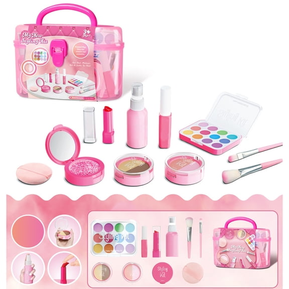 Kids Pretend Makeup Toy Set, Non-Toxic Fake Cosmetic Play Kit with Eyeshadow Blush Lipstick Brushes Storage Case, Simulation Beauty Styling Playset for Girls Birthday Party Dress Up Gifts