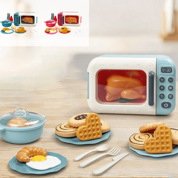 Kids Pretend Microwave Oven Toy, Simulation Kitchen Cooking Playset with Fake Food, Cookware & Tableware, Pretend Play Toy, Educational Role Play Gift for Boys and Girls Ages 3 and Up