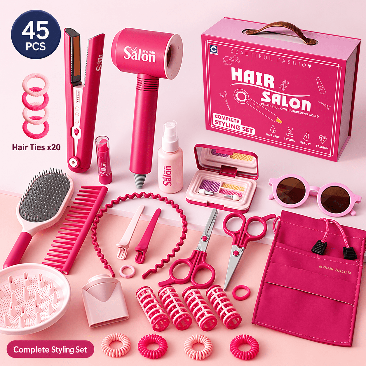 Kids Pretend Play Hair Salon Set with Bladeless Toy Hair Dryer, Light ...