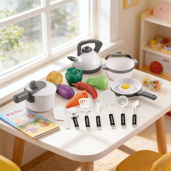 Kids Pretend Play Kitchen Cookware Set with Cutting Play Food, Little Chef Cooking Role Play Toy, Top Christmas Birthday Holiday Gift, Educational Fine Motor Toy for Toddler Boys Girls Age 3+