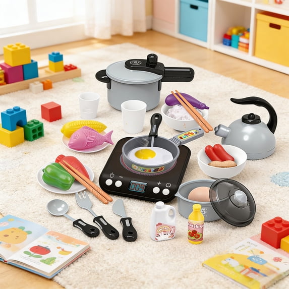 Kids Pretend Play Kitchen Set with Induction Cooker 36PCS Cooking Toy Set Play Food Cutting Fruits Vegetables Educational Toddler Toys with Light & Sound Gift for Boys Girls