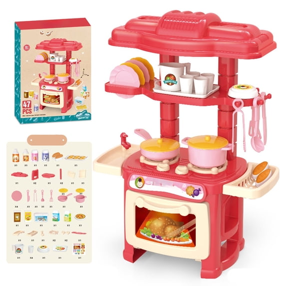 Kids Pretend Play Kitchen Set, Mini Cooking Stove Tableware Toy with Pots Pans Utensils, Simulation Cookware Role Play Game for Toddlers Boys Girls, Educational Birthday Gift