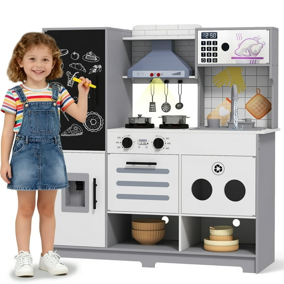 Kids Pretend Play Kitchen Set Wooden Cooking Toys Toddlers Gift,Sink with Running Water,with Sounds,Lights,Blackboard