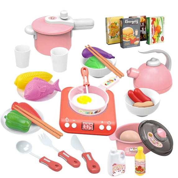 Kids Pretend Play Kitchen Set with Cutting Fruits & Vegetables, Mini Toy Cooking Set for Toddlers, Educational Gift for Boys & Girls Ages 3+