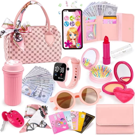 Plastic Pretend Play Purse Toy Set, Girls Dress up Kit with Makeup, Phone, Watch, Sunglasses, Wallet, Role Play Game for Kids Ages 3+