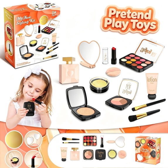 Kids Pretend Play Toys Makeup Kit, Toddler Girls Fake ABS Plastic Cosmetic Dressing Playset, Preschool Educational Learning Toy, Imaginative Beauty Salon Role Play Vanity Set for Girls Ages 3+,Black