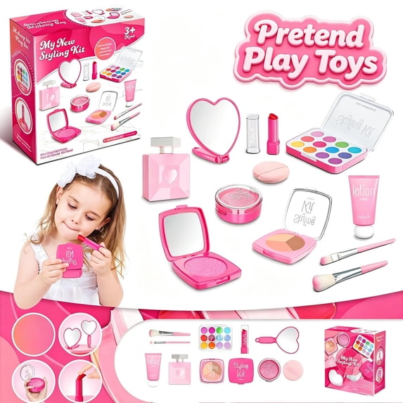 Kids Pretend Play Toys Makeup Kit, Toddler Girls Fake ABS Plastic Cosmetic Dressing Playset, Preschool Educational Learning Toy, Imaginative Beauty Salon Role Play Vanity Set for Girls Ages 3+,Pink