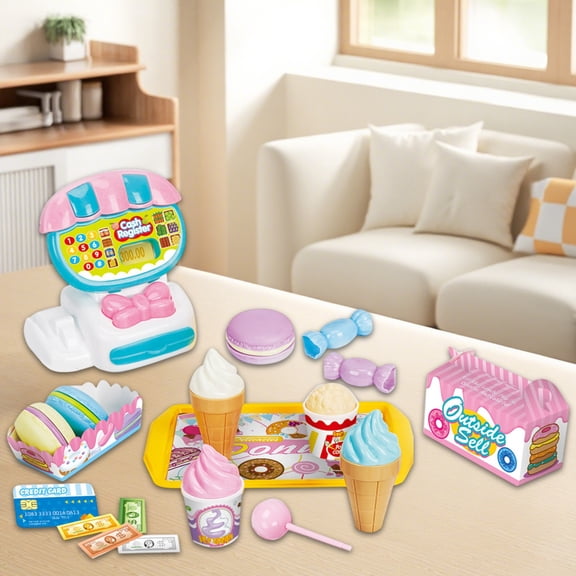 Kids Pretend Supermarket Cash Register Playset, Grocery Fast Food Dessert Shop Simulation Toy with Shopping Cart Fake Food Money, Store Role Play Toys for Toddlers Boys Girls Birthday Gifts