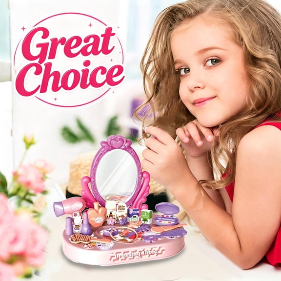 Kids Pretend Vanity Dressing Table Playset for Girls, Blue Plastic Beauty Makeup Toy Stand, Safe Salon Role Play Toy, Educational Birthday Holiday Gift for Toddler Girls Ages 4+