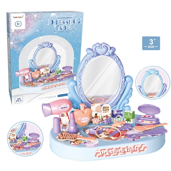 Kids Pretend Vanity Dressing Table Playset with Mirror, 30 Pcs Fake Hair Dryer Makeup Beauty Salon Toy Set, Princess Dress Up Vanity Toy for Little Girls Birthday Christmas Party Gifts
