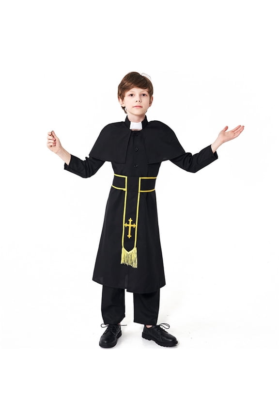 Kids Priest Robe 3 Piece Preacher Cassocks for Boys Girls Praise Worship Outfit Solid Long Sleeve Crew Neck Full Length Black 8 Years-10 Years