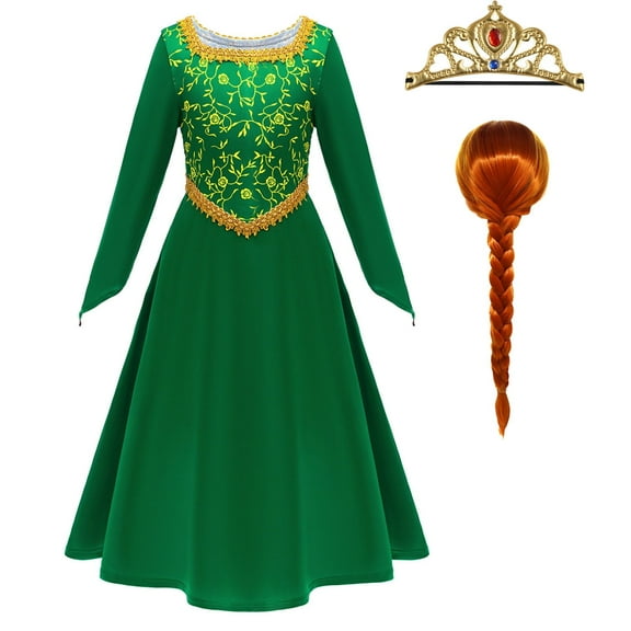 Kids Princess Green Dress Long Sleeve Girls Halloween Cosplay Costume With Wig