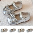 thumbnail image 1 of Kids Princess Flats Rhinestone Flower Bow Decor Mary Jane Shoes Pearl Soft Sole PU Leather Princess Footwear for Daily Wear/Wedding/Party/Birthday Silver 34, 1 of 9